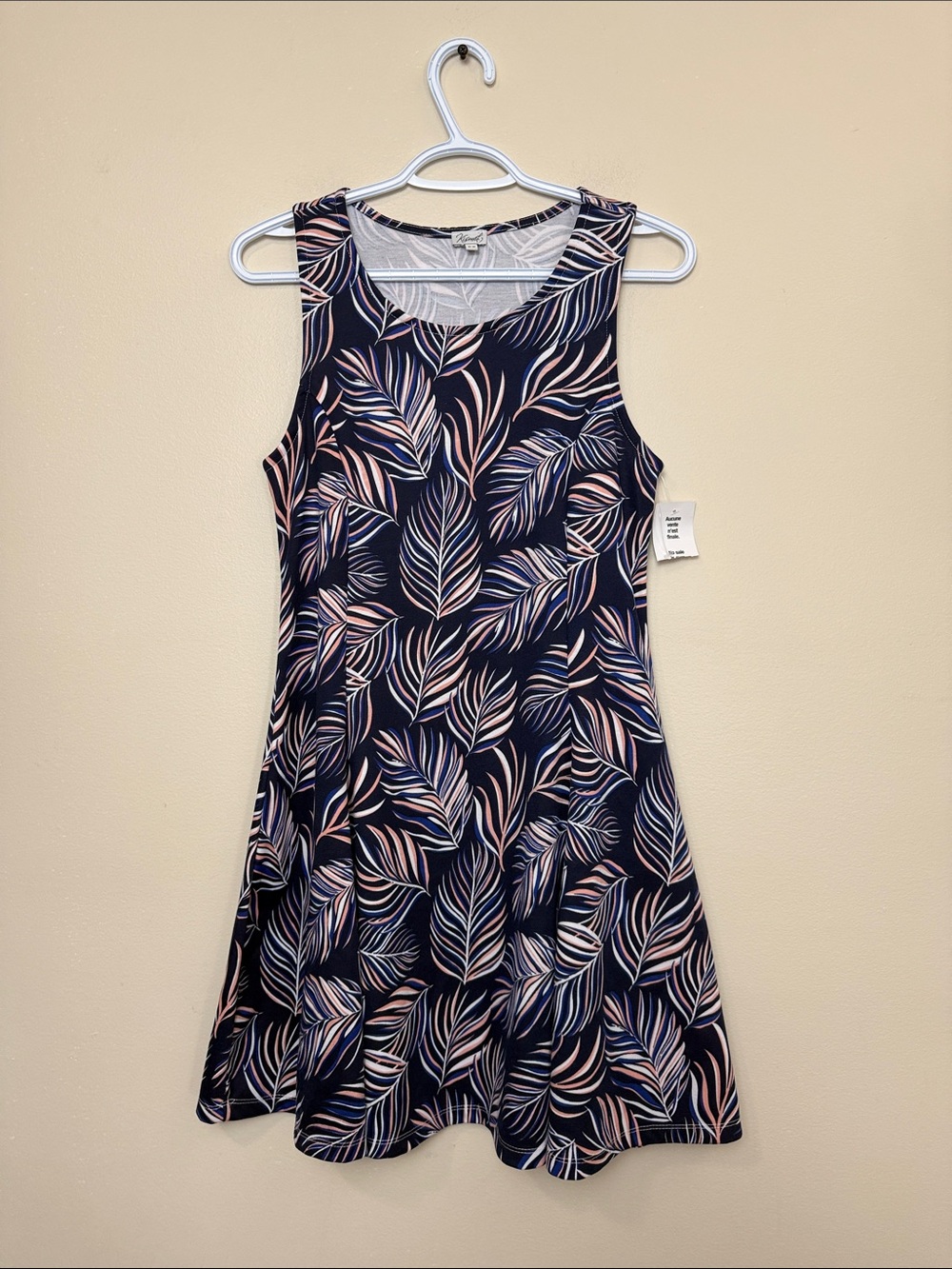 Kismet Navy Sleeveless Dress with Pink and White Leaf Print size M